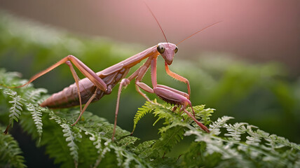 Camouflaged Mantis on Fern A Macro View of Nature's Hunter in Action
