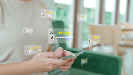 Customer satisfaction concept showing a business on a Mobile receiving excellent 5-star ratings and positive online reviews, illustrating great customer feedback and reputation management.