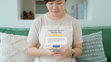 Customer satisfaction concept showing a business on a Mobile receiving excellent 5-star ratings and...