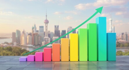 3D bar chart with upward arrow and city skyline