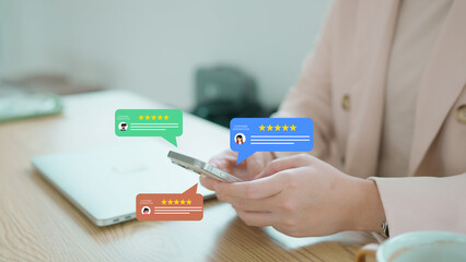 Customer satisfaction concept showing a business on a Mobile receiving excellent 5-star ratings and positive online reviews, illustrating great customer feedback and reputation management.