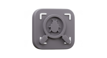 3d Icon of Gray Bug Under Magnifying Glass on Transparent Background