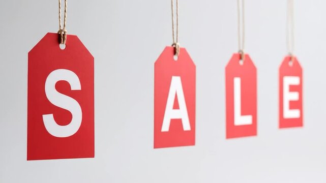 Red tags spelling "SALE" hung by strings