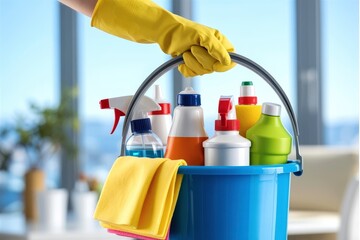 Set of Cleaning Supplies Ready for Housekeeping and Hygiene Maintenance