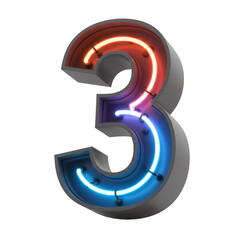 3D Neon Three Number Glowing Font Alphabet Typography Isolated