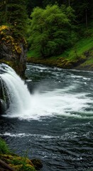 Fototapeta premium Lush green forest surrounds a powerful waterfall cascading into dark turbulent water