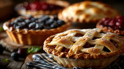 many different traditional pies like apple pie, peach pie, berry pie etc on a checkered table cloth for National Pie Day