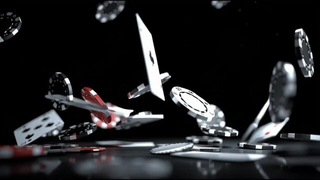 Poker game scene with chips and playing cards scattered on reflective surface. Illustrating the thrill of chance and fortune