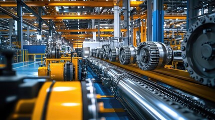 Industrial and factory settings, heavy machinery, mechanical equipment, worker interaction, production line, metal structure, high-tech tools, efficient workspace