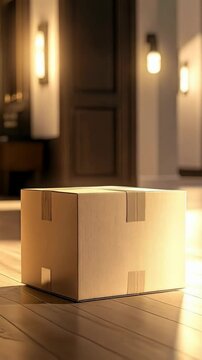 Unopened cardboard box on wooden floor in sunlit entryway of modern home. Brown paper package delivery in residence.