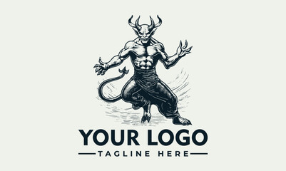 A powerful, muscular Minotaur-like demon logo design, rendered in a vintage, etched style.