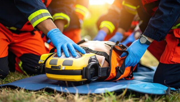 Emergency responders providing medical assistance outdoors, focusing on a patient in a rescue scenario - Powered by Adobe