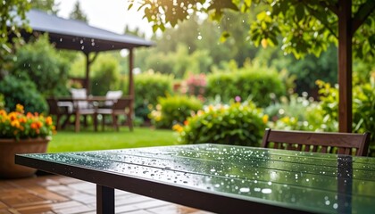 Naklejka premium Refreshing green tabletop with sparkling water droplets, a closeup view of nature's beauty