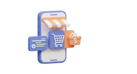 3D Illustration of Online Shopping on Mobile Phone with Cart Payment