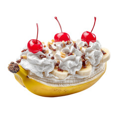 Banana split dessert with whipped cream cherries and nuts delicious sweet treat food photography