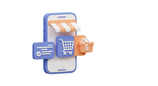 3D Illustration of Online Shopping on Mobile Phone with Cart Payment