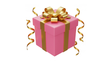 3D Pink Gift Box with Golden Ribbon Celebration Transparent Render