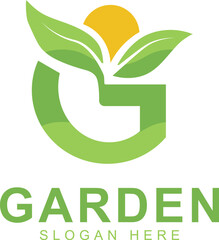 Green plant letter G logo design, natural garden logo, letter g plant with sun, gardening, agriculture.