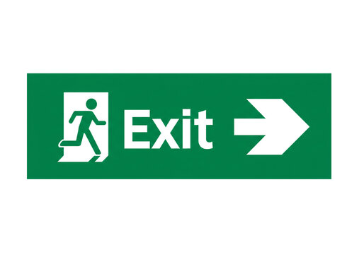 A green exit sign with a white figure running towards a white arrow on a white background