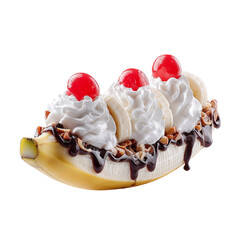 Delicious banana split with ice cream whipped cream chocolate sauce nuts and cherries dessert treat 100
