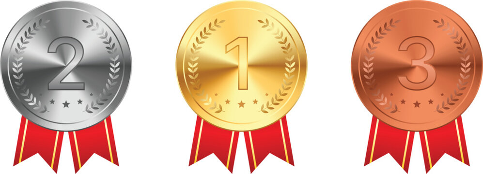 Glossy round medal vector set with red ribbon tails and embossed laurel, 1st to 3rd place award icons for ranking or event illustration