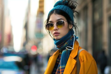 Fototapeta premium Stylish model showcasing trendy winter fashion with sunglasses, scarf, and beanie in an urban setting