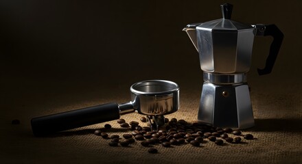 Still life of coffee preparation with stovetop espresso maker and portafilter featuring roasted beans on burlap.