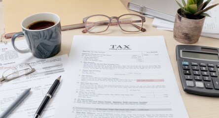Organized tax documentation with coffee