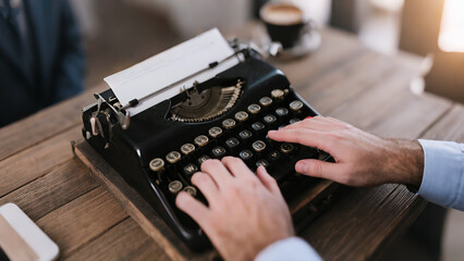 Close-up photo of Hands typing on classic typewriter, emphasizing key motion and analog feel.