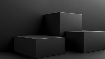 Obraz premium Dark minimalist background with geometric black podium blocks for product display and branding presentation.