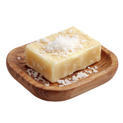 Parmesan cheese block on wooden plate italian food ingredient gourmet cooking dairy product closeup view