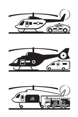 Helicopters with police car, ambulance bus and fire truck – vector illustration