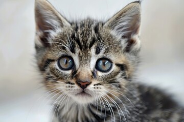 Portrait of a cute tabby kitten with striking blue eyes, creating a heartwarming scene