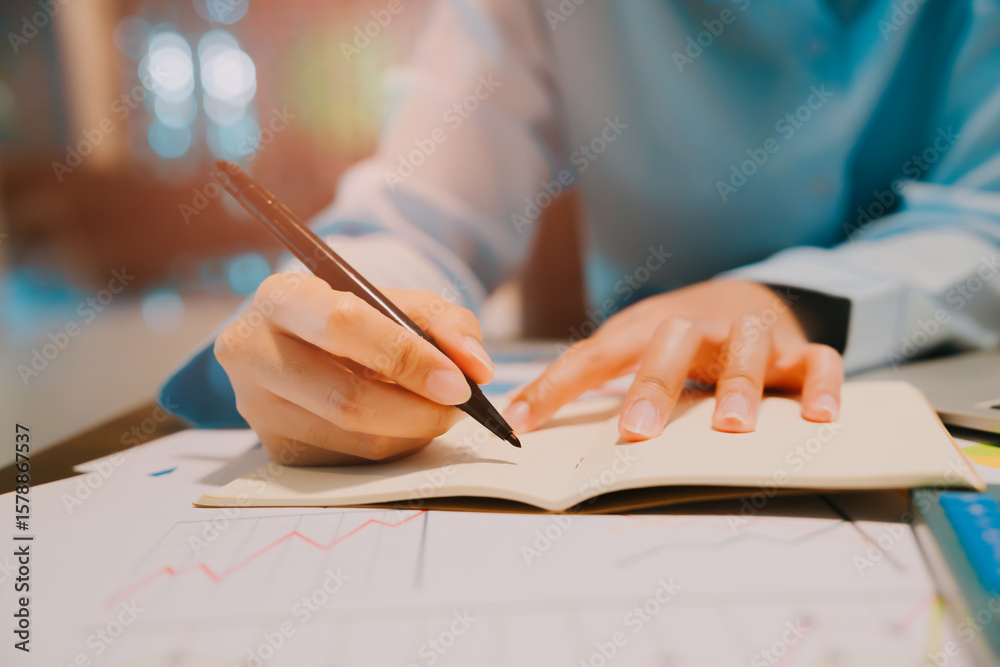 Poster hands writing notes with pen in notebook on table surrounded by colorful charts and graphs in modern