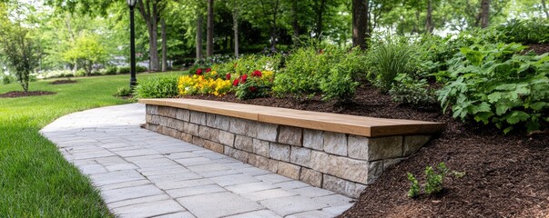 Fototapeta premium Stone retaining wall with seating area and landscaping