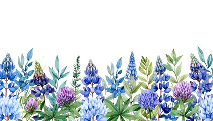 Fototapeta premium Watercolor floral border with lupines, clover, and greenery