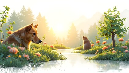 Dog and Cat by the River at Sunrise