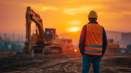 Construction worker observes sunset at the construction site with heavy machinery, showcasing an industrial landscape.
