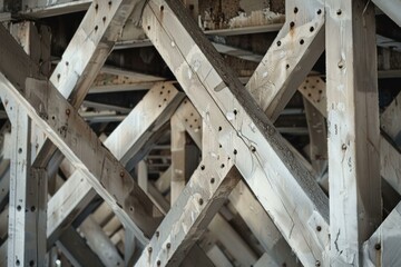 Intersecting wooden beams form a repeating geometric pattern, showcasing structural design and strength