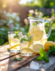 Refreshing Lemon Mint Infused Water on Wooden Table in Summer Garden