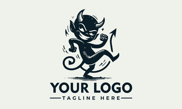 Mischievous cartoon devil logo design, dancing with a playful, energetic pose, ready for branding.