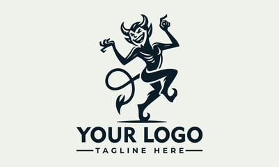 A stylized illustration of a mischievous devil character, dancing and pointing upwards.