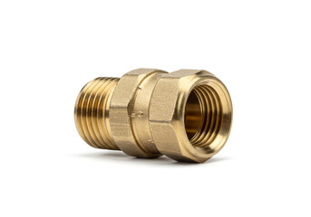 A close up of a brass pipe fitting with threads on one end against a white background surface