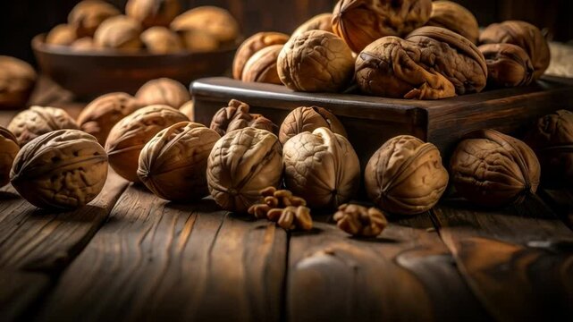 Heap of walnuts with brown shells and kernels in a wooden box and bowl on a weathered wooden tabletop background.
