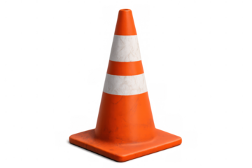 Orange white striped traffic cone positioned against transparent surface, signaling roadway safety warning