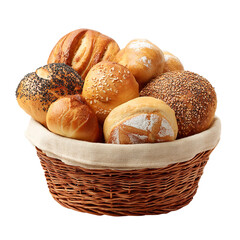 Fresh baked bread rolls in a basket bakery assortment of artisan breads and buns for sale or display