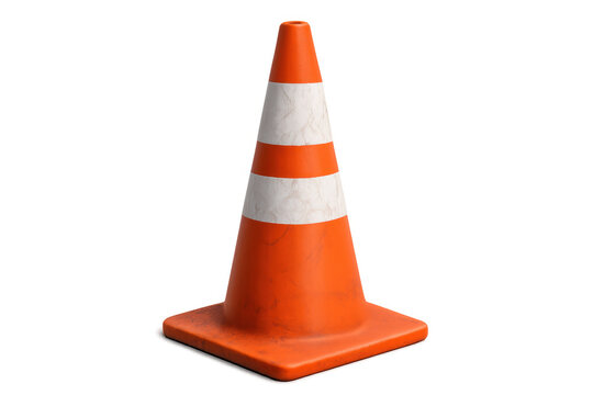 Orange white striped traffic cone positioned against transparent surface, signaling roadway safety warning