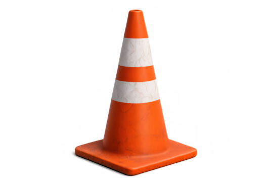Orange white striped traffic cone positioned against transparent surface, signaling roadway safety warning