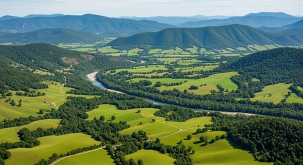 Naklejka premium Expansive Green Valley with Winding River and Rolling Hills