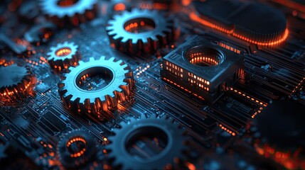 Abstract gears on a circuit board representing digital technology for business and industrial systems 